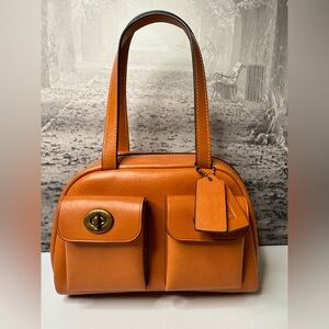 NWT Coach Twin Turnlock 20 Waxed Leather Satchel Bag Toffee / Dark Brass CCC55